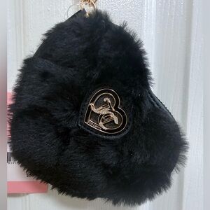 NWT Juicy Couture Black Heart-Shaped Furry Wallet with Gold Chain